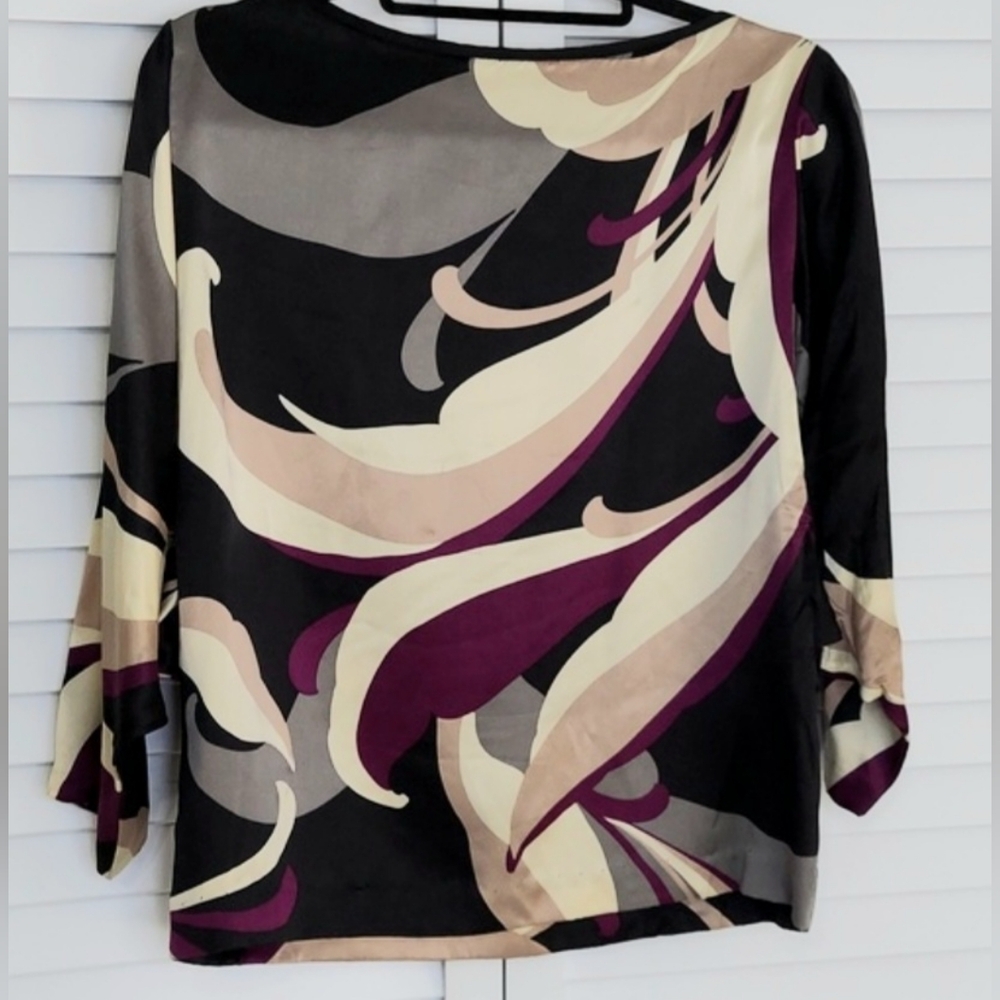 Trina Turk Top, Size S, 100% Silk Soie, Black Purple Modern, Dolman Sleeves - Picture 6 of 7